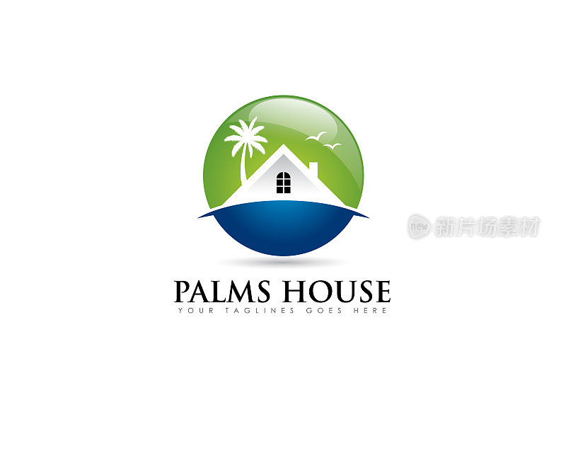 circle emblem logo about beach real estate with white house and coconut tree behind
